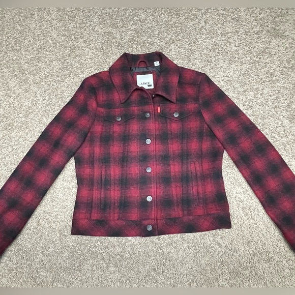Levi’s plaid cropped coat jacket medium pockets outerwear women’s wool casual - Picture 1 of 8